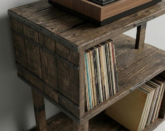 Reclaimed Wood Vinyl Record Stand, Handmade Rustic Record Player Table, Sustainable Turntable Cabinet