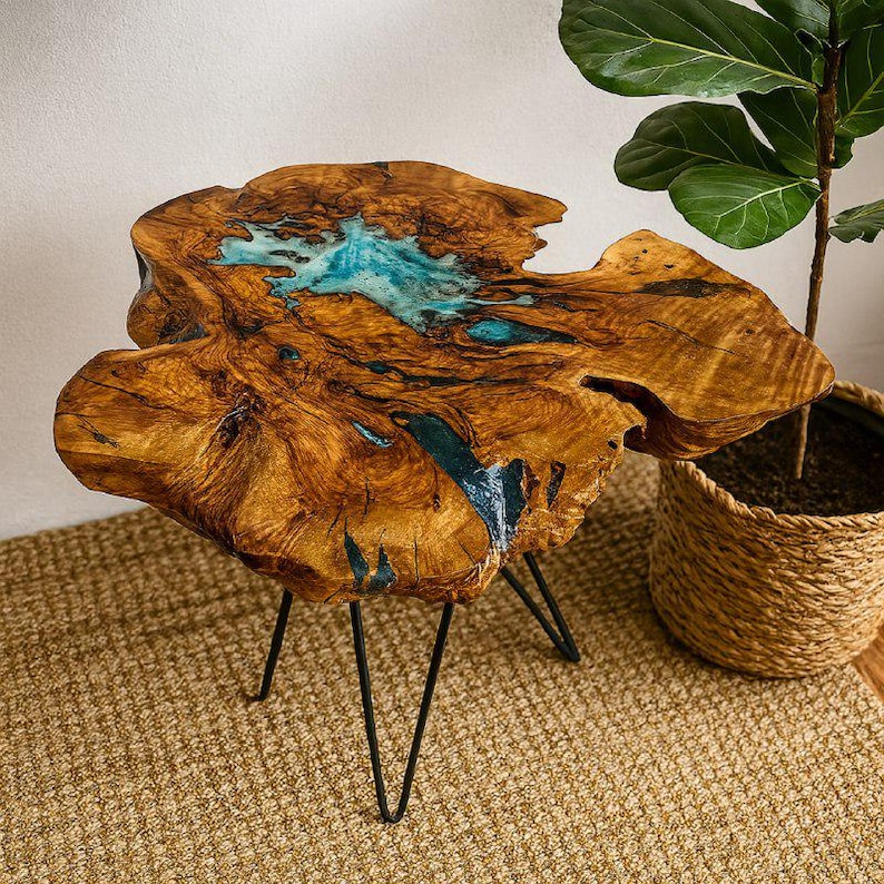 Epoxy Live Edge Wood Coffee Table, Olive Wood Coffee Table, Nehir Epoxy