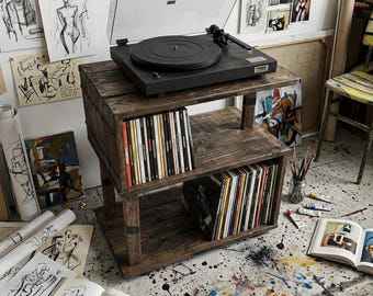Reclaimed Wood Vinyl Record Stand, Handmade Rustic Record Player Table, Sustainable Turntable Cabinet