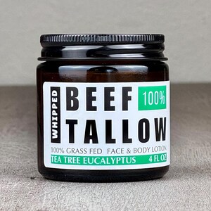Whipped Tallow Moisturizer - Grass fed Beef Tallow - Tea Tree Scented • Food Grade Hand Made in USA, Anti-Aging & Hydrating • Body Lotion