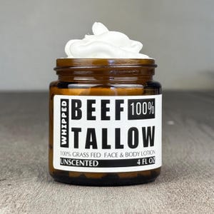 Whipped Tallow Moisturizer - met gras gevoederde rundvet - ongeparfumeerd • Food Grade, handgemaakt in de VS, anti-veroudert en hydraterend • Biologische bodyboter