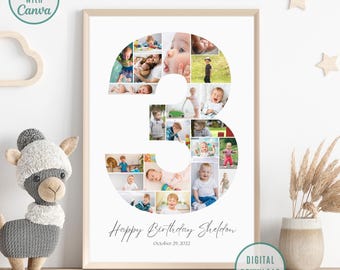 Birthday Number 3 Photo Collage, Birthday Gift, Third Birthday Photo Milestone Sign, Editable 3rd Birthday Photo Poster Template, Canva