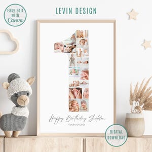 Geburtstagszahl 1 Fotocollage, Baby Geburtstagsgeschenk, Erster Geburtstag Foto Meilenstein Zeichen, Bearbeitbare 1. Geburtstag Foto Poster Vorlage