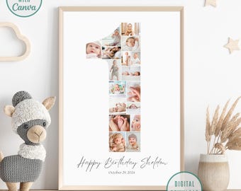 First Birthday Photo Collage Poster, Number 1 Milestone Sign (Canva Template)