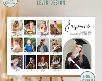 K-12 Graduation Photo Collage Template, Printable High School Graduate School Pictures, Editable Grad Photos Sign, Graduation Party Decor