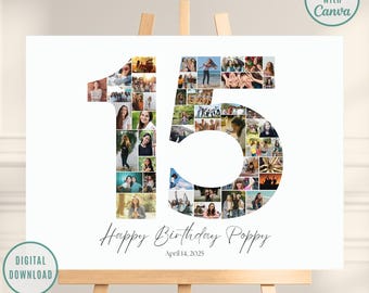 15歳の誕生日に使える編集可能な数字コラージュ、写真コラージュポスター、15歳の画像コラージュ、15歳の誕生日プレゼント、15歳の誕生日プレゼント、Canvaテンプレート