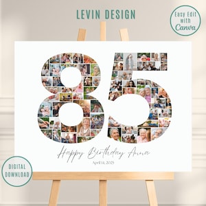 85e verjaardag bewerkbaar nummer collage, fotocollageposter, 85e fotocollage, 85e verjaardagscadeau, 85e verjaardagscadeaus, canvassjabloon