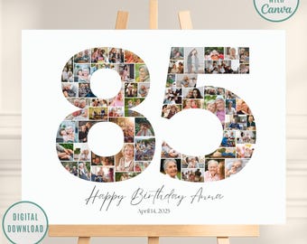 85th Birthday Editable Number Collage, Photo Collage Poster, 85th Picture Collage, 85th Birthday Gift, 85th Birthday Gifts, Canva Template
