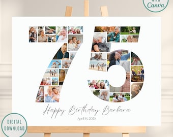 Puede incluir: Un letrero digital blanco para descargar en un caballete, con un collage de fotos que forman los números 75. Las palabras "Happy Birthday Barbara" y la fecha "14 de abril de 2025" están escritas debajo. El letrero también incluye el texto "LEVIN DESIGN" y "Easy Edit with Canva".