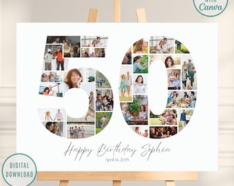 50th Birthday Editable Number Collage, Photo Collage Poster, 50th Picture Collage, 50th Birthday Gift, 50th Birthday Gifts, Canva Template