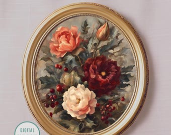 Antique Style Floral Wall Art, Printable Vintage Moody Flowers, Cottage & Cabin Wall Decor, Antique Oil Painting, French Cottage Decor
