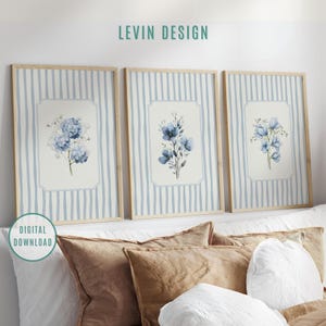 Blue Striped Floral Art Prints Set of 3, Watercolor Botanical Prints with Blue Hydrangea Flowers, Pastel Baby Room Decor, Vintage Nursery