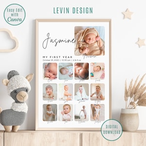 Meilenstein Geburtstag Zeichen, druckbare Babys erste Jahr Poster Vorlage, Baby 1. Geburtstag Meilensteintafel, 1 Geburtstag Foto Collage Zeichen