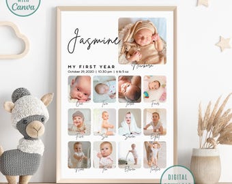Meilenstein Geburtstag Zeichen, druckbare Babys erste Jahr Poster Vorlage, Baby 1. Geburtstag Meilensteintafel, 1 Geburtstag Foto Collage Zeichen