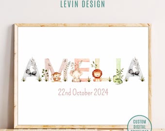 Custom Watercolor Animal Name Print, Personalized Baby Name Sign, Safari Nursery Wall Art, Newborn Gift Ideas, Digital PDF