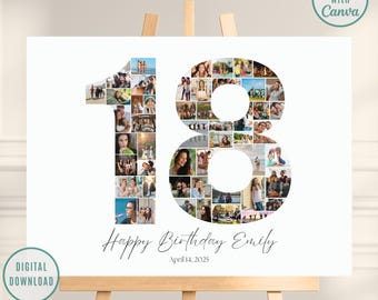 18th Birthday Editable Number Collage, Photo Collage Poster, 18th Picture Collage, 18th Birthday Gift, 18th Birthday Gifts, Canva Template