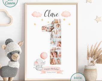 Birthday Number 1 Photo Collage, Baby Girl Birthday Gift, First Birthday Photo Milestone Sign, Editable 1st Birthday Photo Poster Template