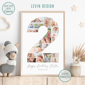 Birthday Number 2 Photo Collage, Birthday Gift, Second Birthday Photo Milestone Sign, Editable 2nd Birthday Photo Poster Template, Canva