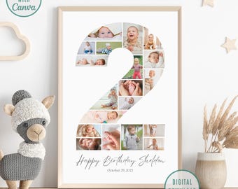 Birthday Number 2 Photo Collage, Birthday Gift, Second Birthday Photo Milestone Sign, Editable 2nd Birthday Photo Poster Template, Canva