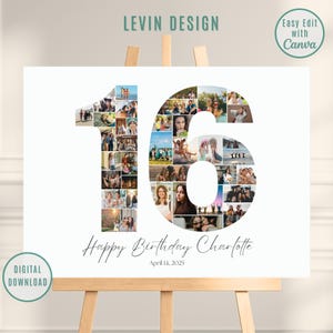 Bearbeitbare Zahlencollage zum 16. Geburtstag, Fotocollage Poster, Collage zum 16.Geburtstag, Geschenk zum Geburtstag, Geschenke zum 16.Geburtstag, Canva Vorlage