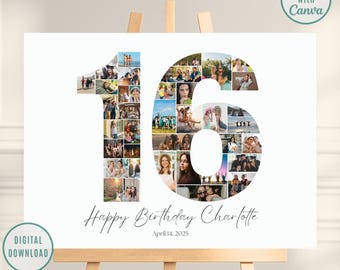 16th Birthday Editable Number Collage, Photo Collage Poster, 16th Picture Collage, 16th Birthday Gift, 16th Birthday Gifts, Canva Template
