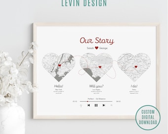 Hello, will you, I do Maps Art Print - Met, Engaged, Married Maps - Personalisierte Karte - Der spezielle Song des Paares - Perfektes Geschenk zum Jahrestag