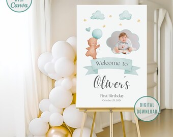 Teddy Bear Birthday Welcome Sign: Editable Canva Template (Digital Download)