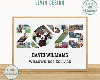 Personalized 2025 American Football Photo Collage Template, Graduation Football Photo Gift, Senior Gift, Gift for Player, Gift for Coach