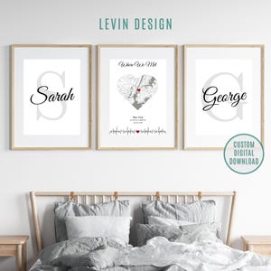 Set van 3 custom kunstafdrukken: Where We Met locatiekaart en namen van koppels - Gepersonaliseerde woondecoratie voor koppels - Perfect cadeau voor jubilea