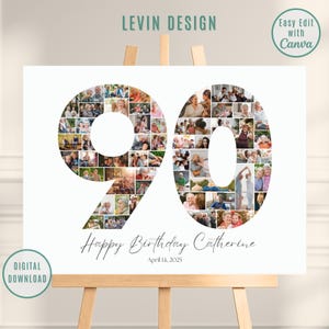 90th Birthday Editable Number Collage, Photo Collage Poster, 80th Picture Collage, 90th Birthday Gift, 90th Birthday Gifts, Canva Template