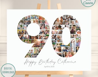 90th Birthday Editable Number Collage, Photo Collage Poster, 80th Picture Collage, 90th Birthday Gift, 90th Birthday Gifts, Canva Template
