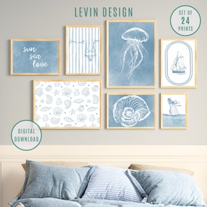 Coastal Wall Art Set of 24 Prints, Summer Beach Gallery Wall Art, Beach House Decor, Nautical Prints, Blue Coastal Prints, Digital Download