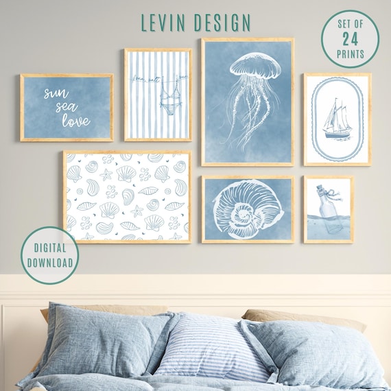 Coastal Wall Art Set of 24 Prints, Summer Beach Gallery Wall Art, Beach House Decor, Nautical Prints, Blue Coastal Prints, Digital Download