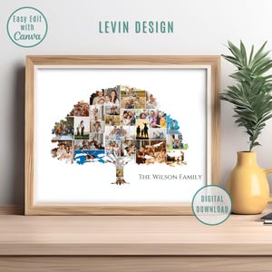 Puede incluir: Una descarga digital de un collage de fotos familiares imprimible en forma de árbol. El collage se titula "The Wilson Family".