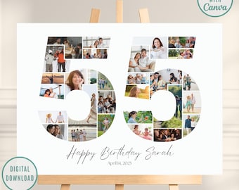 55th Birthday Editable Number Collage, Photo Collage Poster, 55th Picture Collage, 55th Birthday Gift, 55th Birthday Gifts, Canva Template