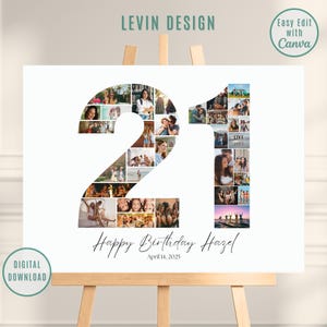 Colagem de números editáveis de 21º aniversário, pôster de colagem de fotos, colagem de fotos de 21º aniversário, presente de 21º aniversário, presentes de 21º aniversário, modelo Canva