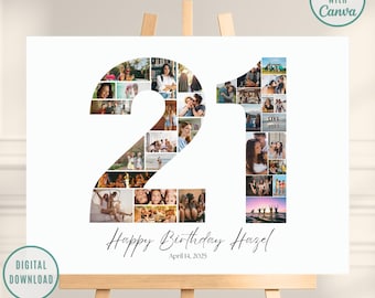 21st Birthday Editable Number Collage, Photo Collage Poster, 21st Picture Collage, 21st Birthday Gift, 21st Birthday Gifts, Canva Template