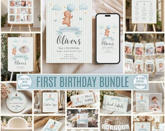 Blue Teddy Bear 1st Birthday Party Printable Bundle: Editable Canva Templates (Digital Download)