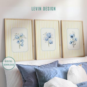 Yellow Striped Floral Art Prints Set of 3, Watercolor Botanical Prints with Blue Hydrangea Flowers, Pastel Baby Room Decor, Vintage Nursery