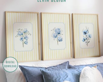 Yellow Striped Floral Art Prints Set of 3, Watercolor Botanical Prints with Blue Hydrangea Flowers, Pastel Baby Room Decor, Vintage Nursery