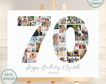 70th Birthday Editable Number Collage, Photo Collage Poster, 70th Picture Collage, 70th Birthday Gift, 70th Birthday Gifts, Canva Template