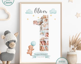 First Birthday Photo Collage Poster, Baby Boy Milestone Sign (Canva Digital Download)