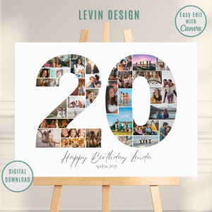 20th Birthday Editable Number Collage, Photo Collage Poster, 20th Picture Collage, 20th Birthday Gift, 20th Birthday Gifts, Canva Template
