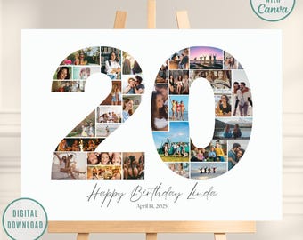 20th Birthday Editable Number Collage, Photo Collage Poster, 20th Picture Collage, 20th Birthday Gift, 20th Birthday Gifts, Canva Template
