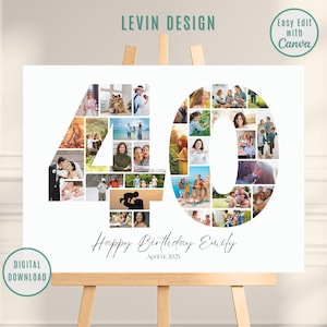 40th Birthday Editable Number Collage, Photo Collage Poster, 40th Picture Collage, 40th Birthday Gift, 40th Birthday Gifts, Canva Template
