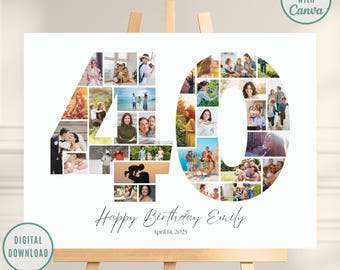 40th Birthday Editable Number Collage, Photo Collage Poster, 40th Picture Collage, 40th Birthday Gift, 40th Birthday Gifts, Canva Template