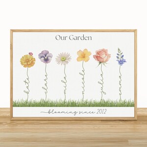 K&ouml;nnte beinhalten: Ein wei&szlig;er gerahmter Druck mit dem Text "Our Garden" und einer Reihe von Blumen, unter denen die Namen geschrieben sind. Die Namen sind Kate, Claire, Mila, Nicole, Julia und Emma. Der Text "blooming since 2012" befindet sich am unteren Rand des Drucks.
