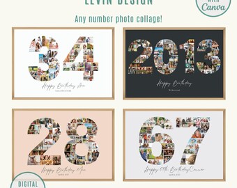 Collage de photos de chiffres personnalisés : cadeau d'anniversaire personnalisé, scénarimage commémoratif (n'importe quel nombre, modèle canva)