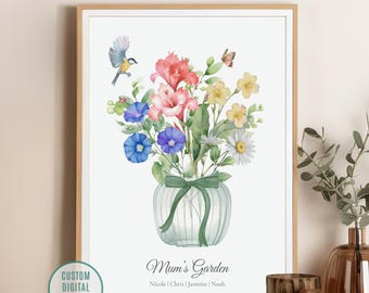 Birth Flower Family Bouquet, Personalised Watercolor Birth Flower Print, Birth Month Flower Gift for Mom, Mother's Day Gift, Birthday Gift
