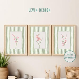 Green Striped Flower Prints Set of 3, Striped Floral Art Prints, Wildflowers Floral Art, Minimalist Modern Home Decor Boho Bouquet,Botanical